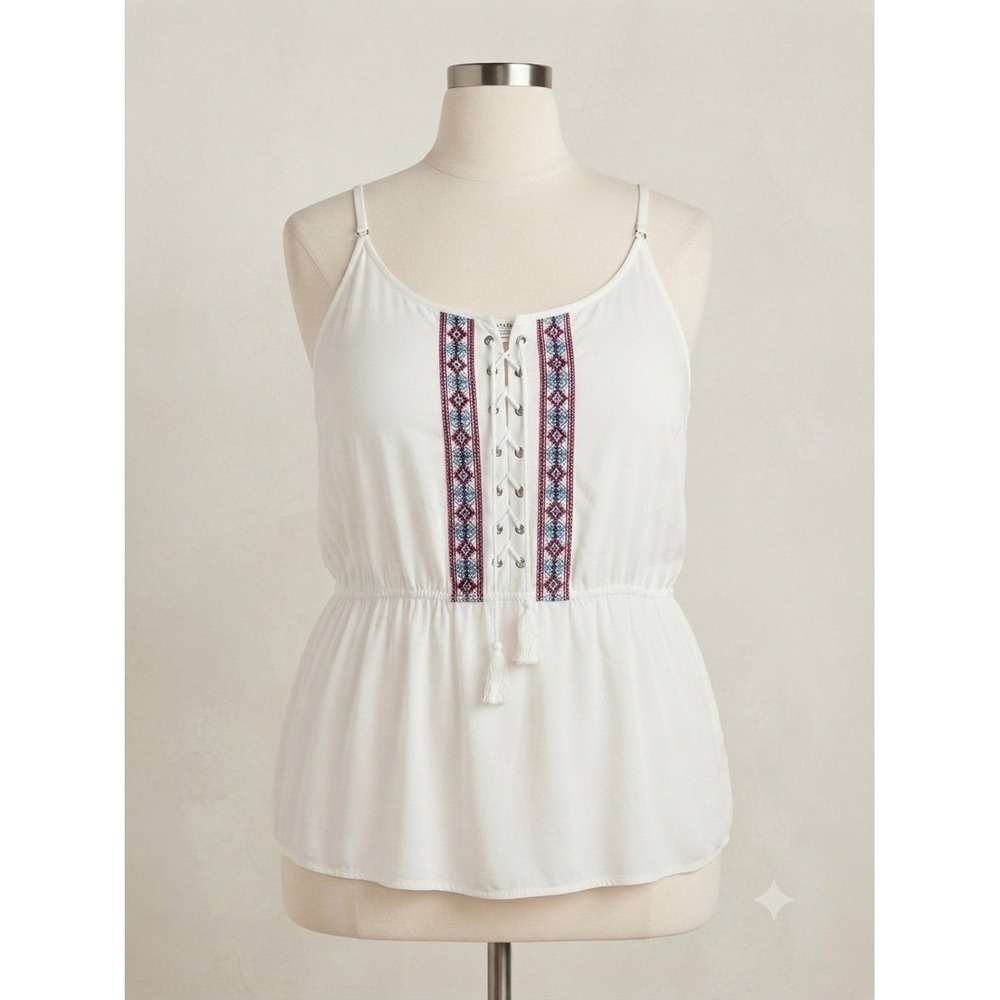 Marianne White Embroidered Boho Lace Up Peplum Camisole Top Plus Size 4X